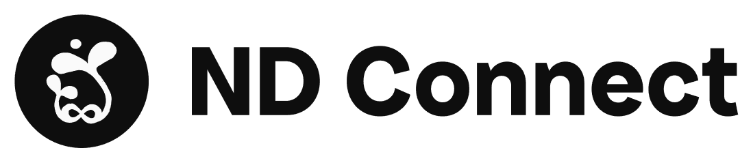 the ND Connect logo, a white sketch of an infinity sign with two plants, one larger than the other, growing out of it towards the sun on a black circle background