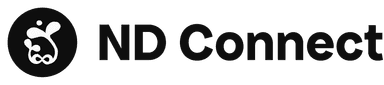 the ND Connect logo, a white sketch of an infinity sign with two plants, one larger than the other, growing out of it towards the sun on a black circle background
