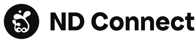 the ND Connect logo, a white sketch of an infinity sign with two plants, one larger than the other, growing out of it towards the sun on a black circle background