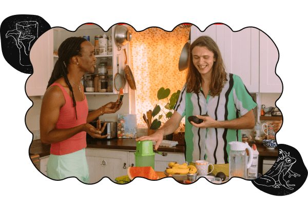 A picture of two people standing and talking in a kitchen, cropped in a bubbly shape with a black border, a stamp of two mushrooms growing out of a log on the top-left, and a stamp of a frog wearing a flower hat on the bottom-right.