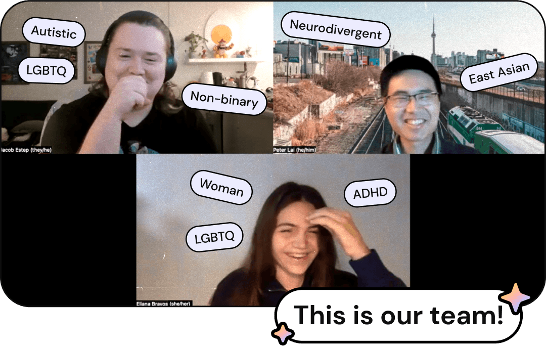 a screenshot of the ND Connect team in a zoom call. Jacob, a white non-binary person wearing headphones, is in the top-left with the tags: 'autistic', 'non-binary', and 'LGBTQ'. Peter, an East-Asian man with short hair and glasses with a public train background, is in the top-right with the tags: 'neurodivergent' and 'East Asian'. Eliana, a white woman smiling and wearing a purple shirt, is on the bottom with the tags: 'woman', 'LGBTQ', and 'ADHD'.