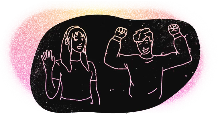A black lino-cut stamp of two people against an orange-to-pink gradient background. The person on the left has long hair, is wearing headphones, and is waving. The person on the right has short hair and is lifting their arms up and smiling.