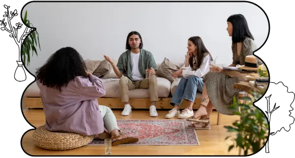 A picture of four people sitting and talking on a couch in a semi-circle, cropped in a bubbly shape with a black border and tree sketches on the top-left and bottom-right corners.