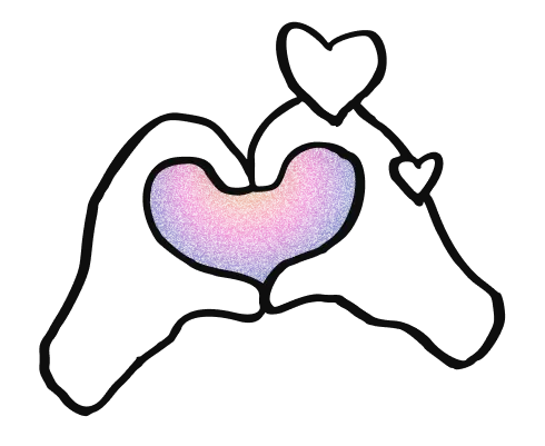 A sketch of hands making a heart shape with the heart filled with a gradient going from orange, to pink, and to purple.