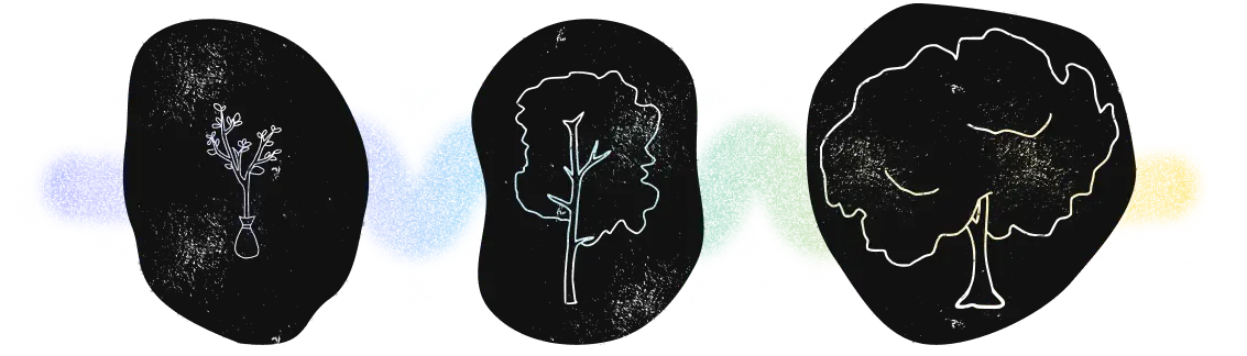 Three linocut stamps of trees are in front of an airbrushed squiggly line fading through purple, purple, green, and yellow. The trees are arranged to show stages of growth, with a sapling on the left, a medium-sized tree in the middle, and a large mature tree on the right.