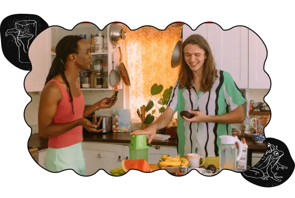 A picture of two people standing and talking in a kitchen, cropped in a bubbly shape with a black border, a stamp of two mushrooms growing out of a log on the top-left, and a stamp of a frog wearing a flower hat on the bottom-right.