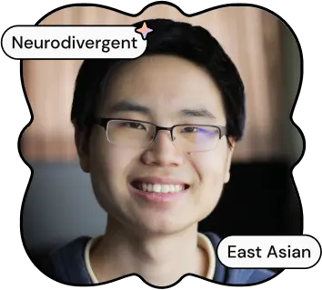 A photo of Peter, one of ND Connect's co-founders. He is an East Asian man with short black hair and glasses, smiling at the camera. SHe is wearing a blue shirt.