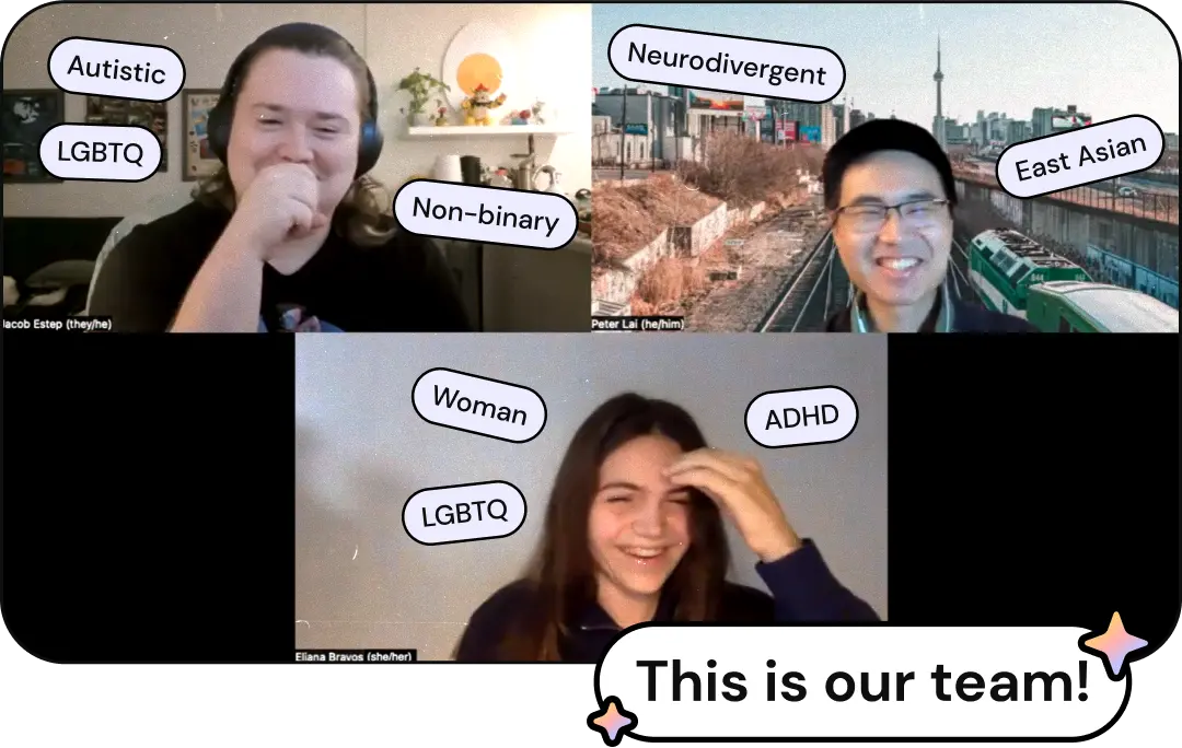 a screenshot of the ND Connect team in a zoom call. Jacob, a white non-binary person wearing headphones, is in the top-left with the tags: 'autistic', 'non-binary', and 'LGBTQ'. Peter, an East-Asian man with short hair and glasses with a public train background, is in the top-right with the tags: 'neurodivergent' and 'East Asian'. Eliana, a white woman smiling and wearing a purple shirt, is on the bottom with the tags: 'woman', 'LGBTQ', and 'ADHD'.